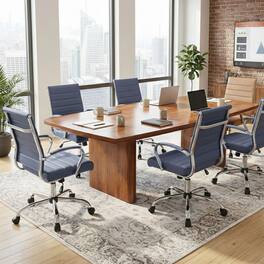 LeisureMod - Set of 6 Benmar Ergonomic Leather Upholstered Office Chair with Cushioned Armrests and Swivel Task Chair - Navy Blue