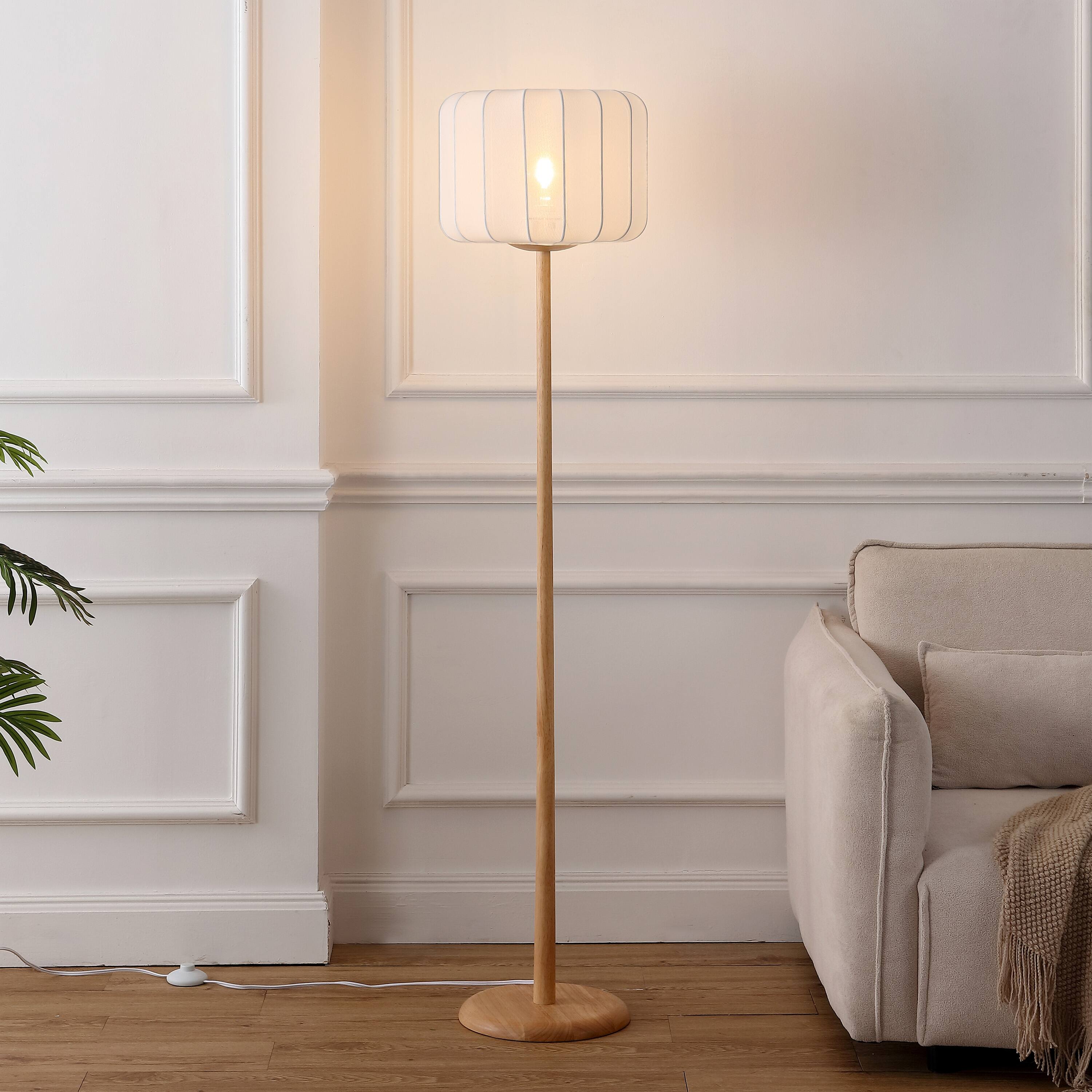 Alt View 1. Jonathan Y - Maryna 59.5 in. Minimalist Modern Teahouse Wood with Ribbed Cocoon Pumpkin Shade LED Floor Lamp, White/Light Brown - Light Brown Wood.