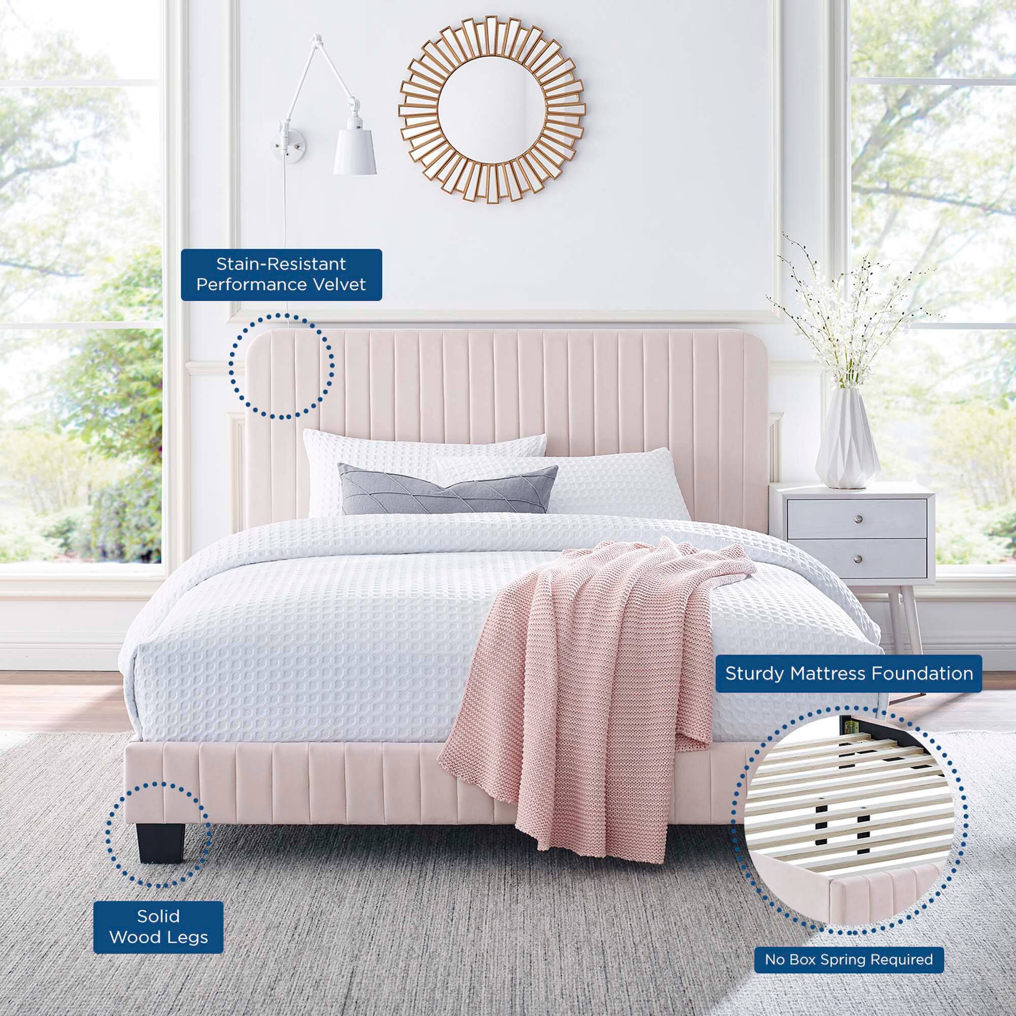 - Stain-Resistant Performance Velvet
- Solid Wood Legs
- Sturdy Mattress Foundation
- No Box Spring Required