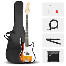 Winado - Full Size Electric Bass Guitar Beginner Kit 4 String Exquisite Basswood Bass with 20W AMP, Cable, Strap, Bag