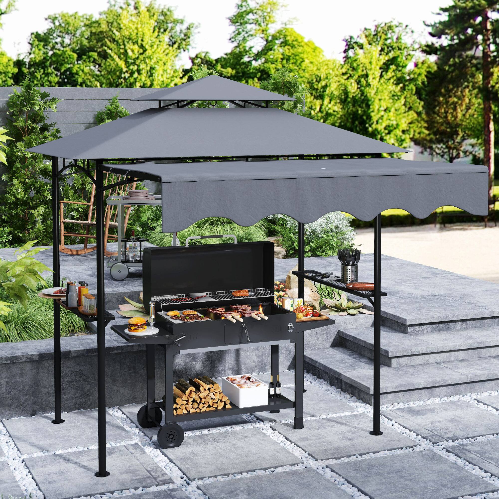 Alt View 1. Outsunny - 8' x 5' Grill Gazebo, Double Tiered Outdoor BBQ Gazebo with Side Awning, 2 Side Shelves and 6 Hooks - Dark Gray.