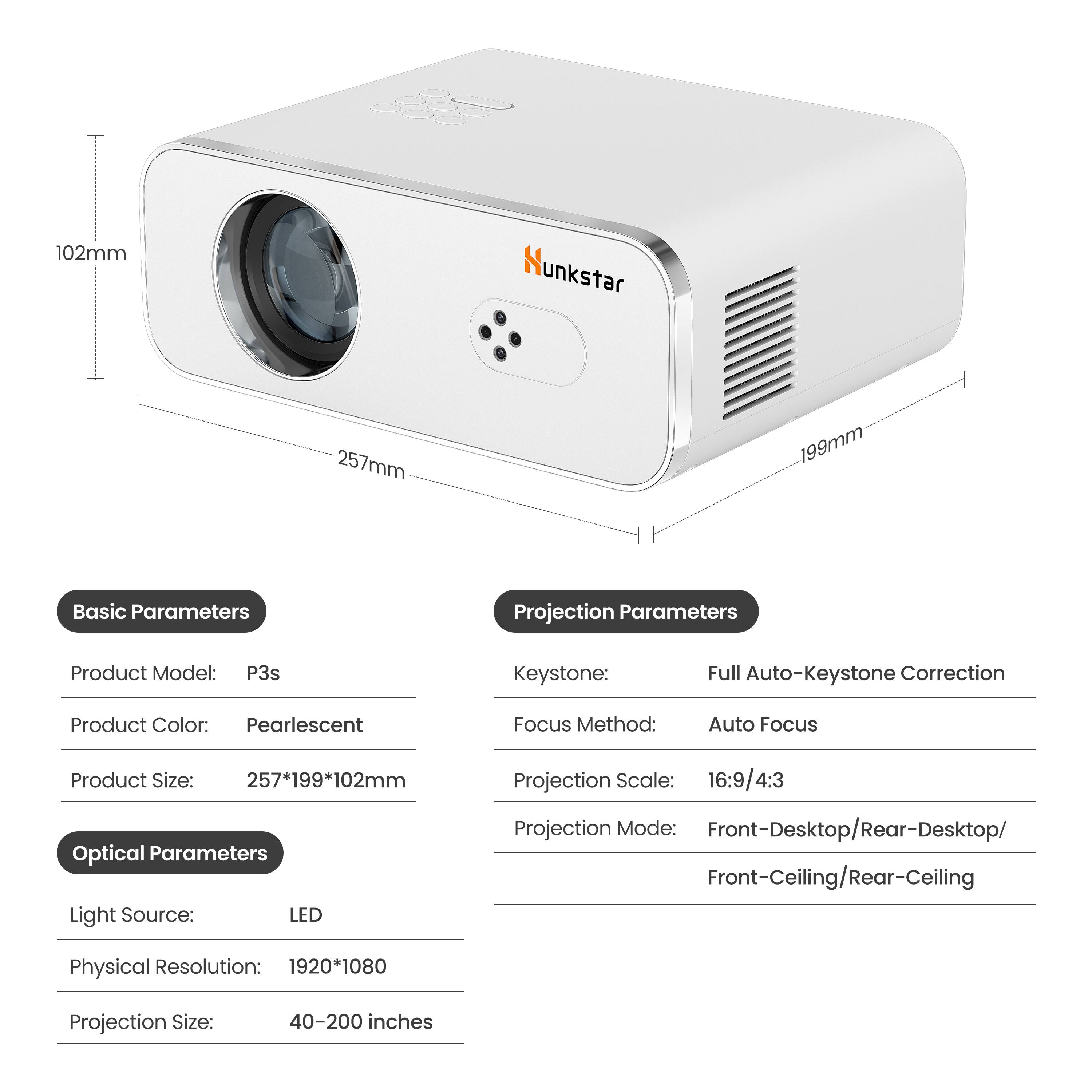 The image shows a white Munkstar projector with various specifications displayed. The projector has a 102mm lens and is 257mm in size. It features full auto-keystone correction, and the product color is pearlescent. The focus method is auto focus, and the projector can be used for front-desktop, rear-desktop, front-ceiling, or rear-ceiling setups. The optical parameters include an LED light source and a projection mode of 16:9/4:3. The physical resolution is 1920*1080, and the projection size can range from 40 to 200 inches.