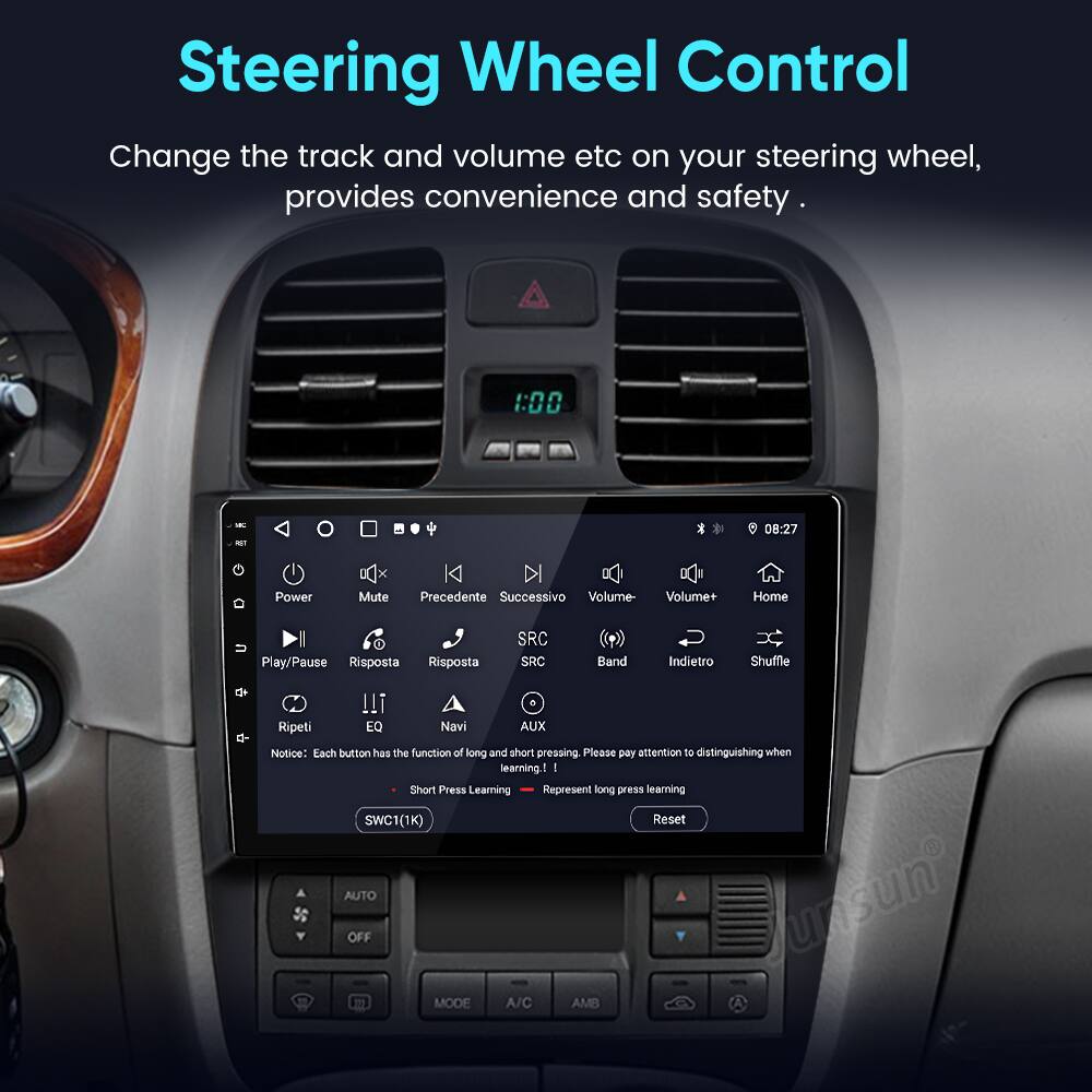 Steering Wheel Control

Change the track and volume etc on your steering wheel, provides convenience and safety.

1:00 - 08:27

- Power
- Mute
- Precedente (Previous)
- Successivo (Next)
- Volume-
- Volume+
- Home
- Play/Pause
- Risposta (Response)
- SRC
- Band
- Indietro (Back)
- Shuffle
- Ripeti (Repeat)
- EQ
- Navi (Navigation)
- AUX

Notice: Each button has the function of long and short pressing. Please pay attention to distinguishing when learning.

- Short Press Learning
- Long Press Learning

SWC1(1K)

Reset

AUTO
OFF
MODE
A/C
AMB