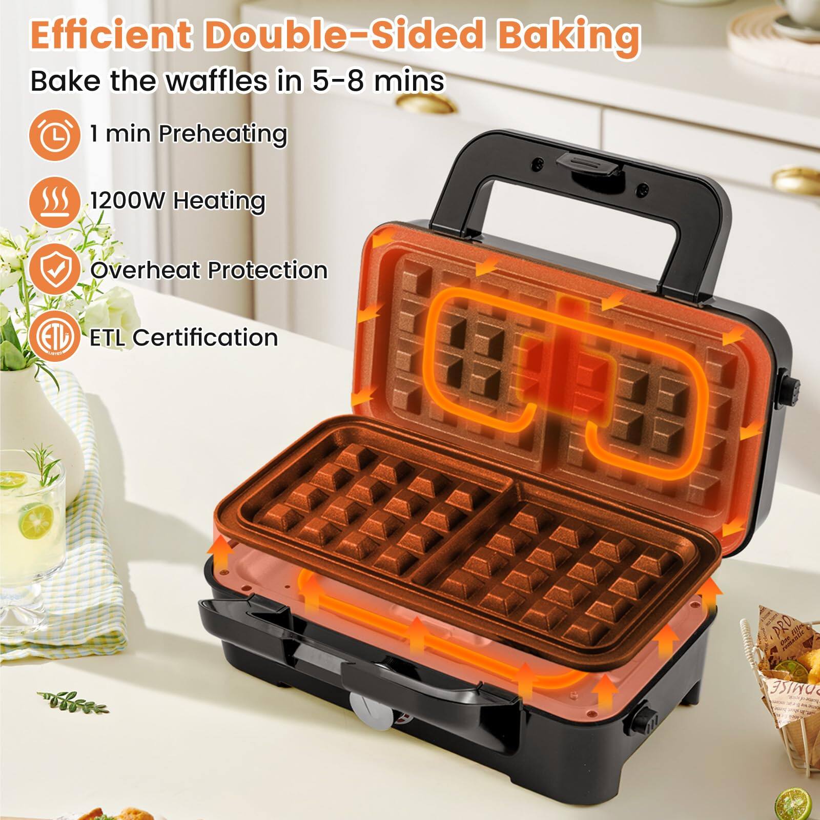Efficient Double-Sided Baking  
Bake the waffles in 5-8 mins  
1 min Preheating  
1200W Heating  
Overheat Protection  
ETL Certification