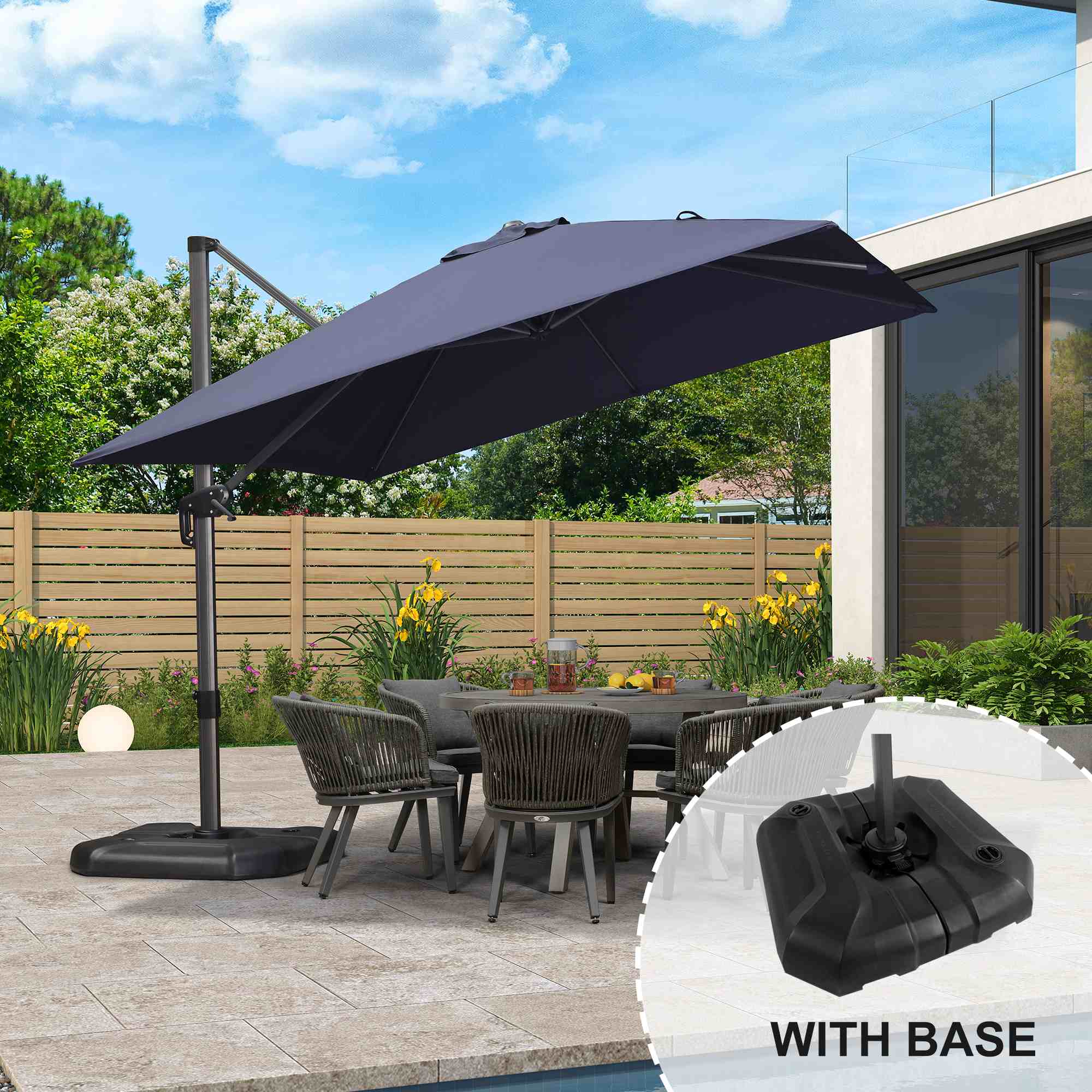 PURPLE LEAF - 10 ft. Square Aluminum Outdoor Patio Cantilever Umbrella Offset 360° Rotation Umbrella with Base for Garden Deck Pool - Navy Blue