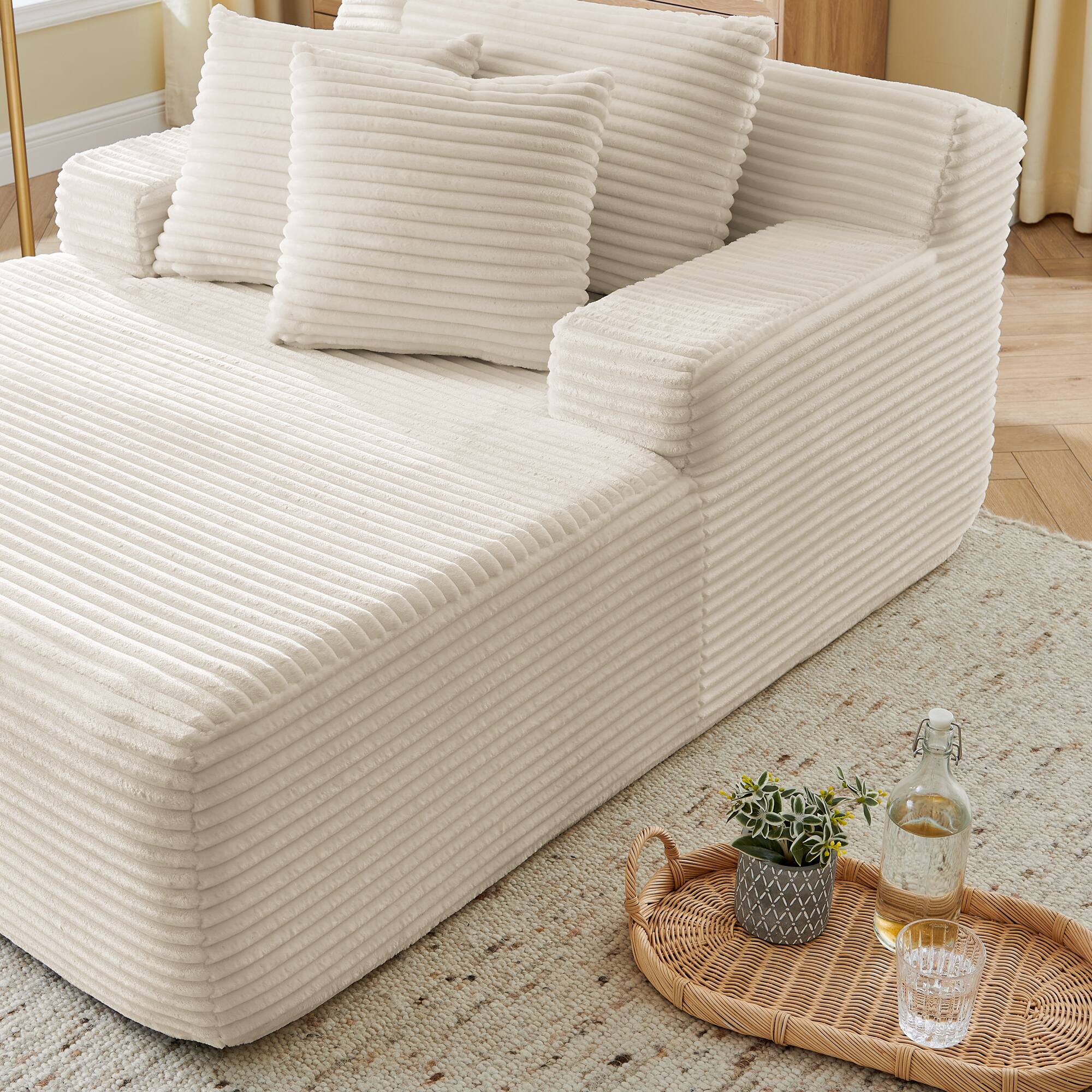 Left. Trinkets Crazed - 50" Corduroy Chaise Lounge Chair Indoor, Oversized Sleeper Chair Single Lazy Sofa Lounge Chair, Modern Reading Chair - Beige.