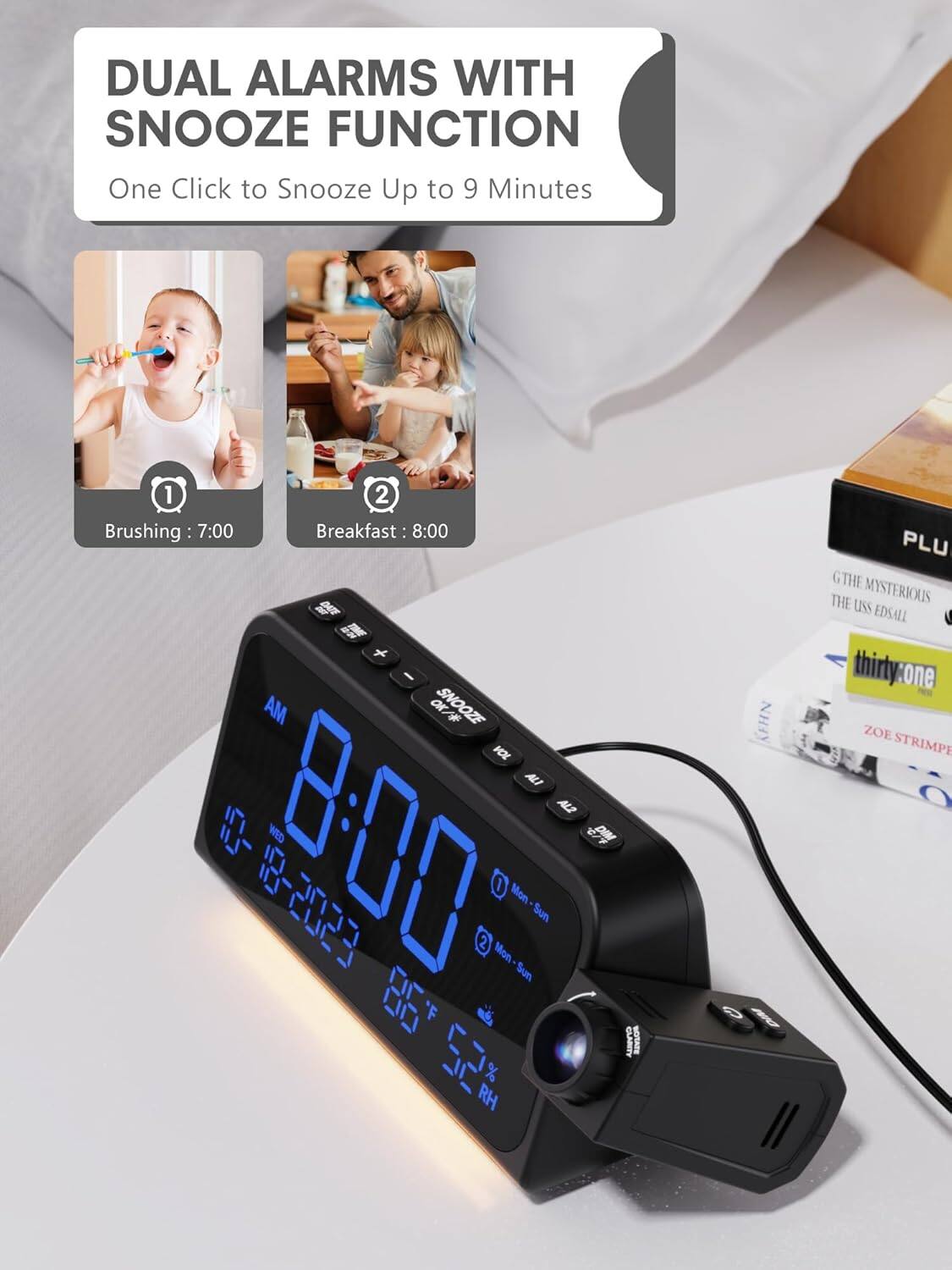 DUAL ALARMS WITH SNOOZE FUNCTION  
One Click to Snooze Up to 9 Minutes  

Brushing: 7:00  
Breakfast: 8:00  

AM  
8:00  
11-18-2023  
66°F  
52% RH  

SNOOZE ON*  

1 Mon - Sun  
2 Mon - Sun  

PLUG  
G THE MYSTERIOUS  
THE USS EDSALL  

thirty.one  
ZOE STRIMPE