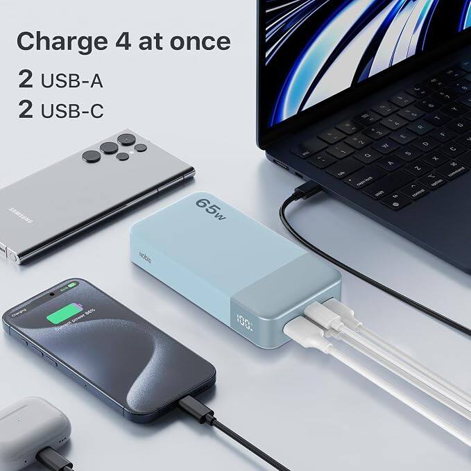 Charge 4 at once  
2 USB-A  
2 USB-C  
SAMSUNG 65w  
Nobis  

of at 1 14h  
2 3 u  8 fx  L IT of 9  N Y 13% 5 2 - 1. 4 5 5 R 3 the W  2 D th C Q S X A x Z commend Y capslock ^ option skift fn control  
Changing  
86% power Current  
1001