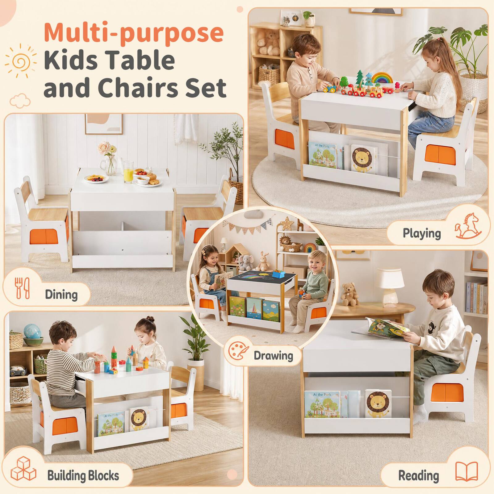 Multi-purpose Kids Table and Chairs Set

Playing
Dining
Drawing
Building Blocks
Reading