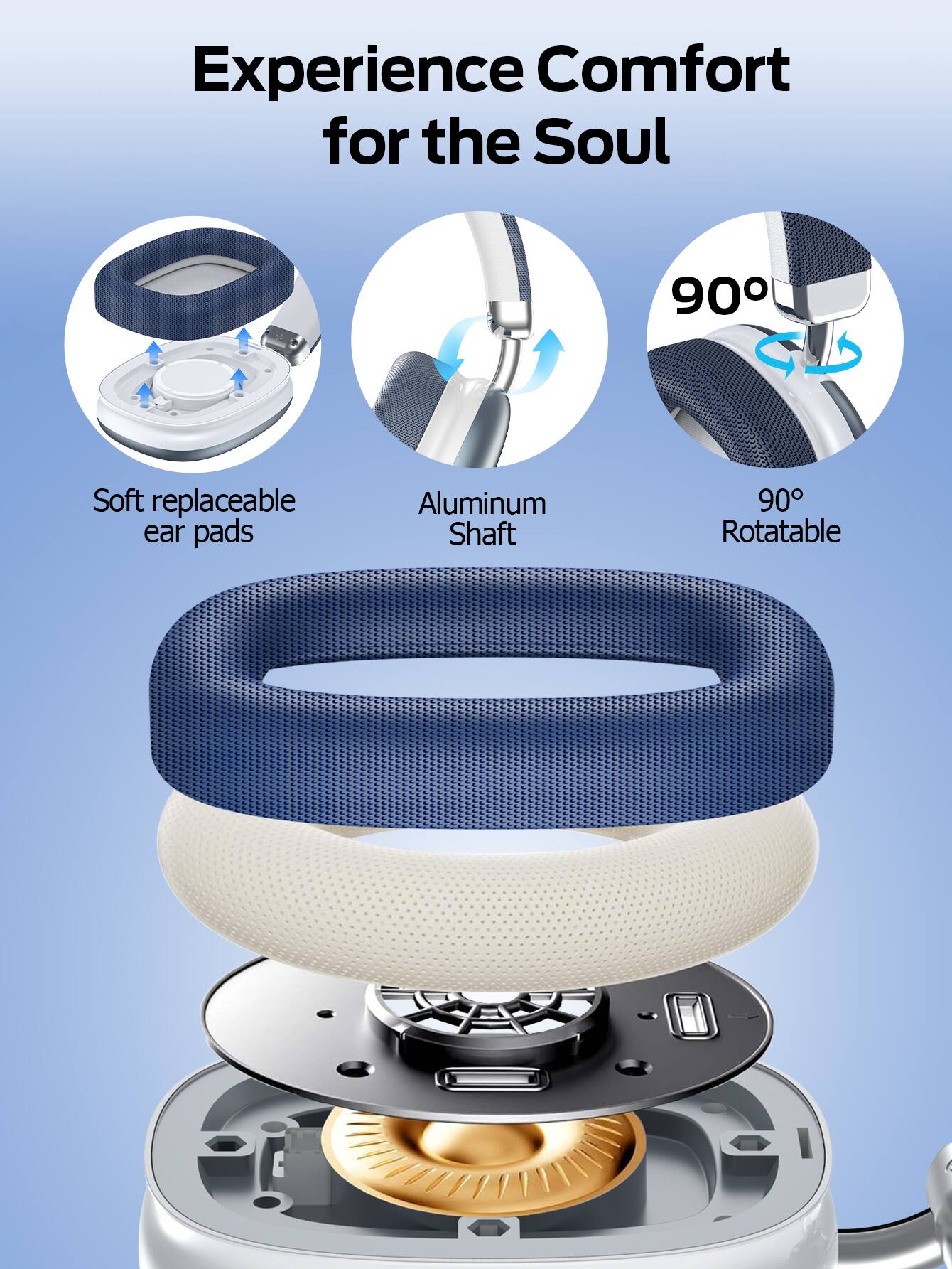 Experience Comfort for the Soul

- Soft replaceable ear pads
- Aluminum Shaft
- 90° Rotatable