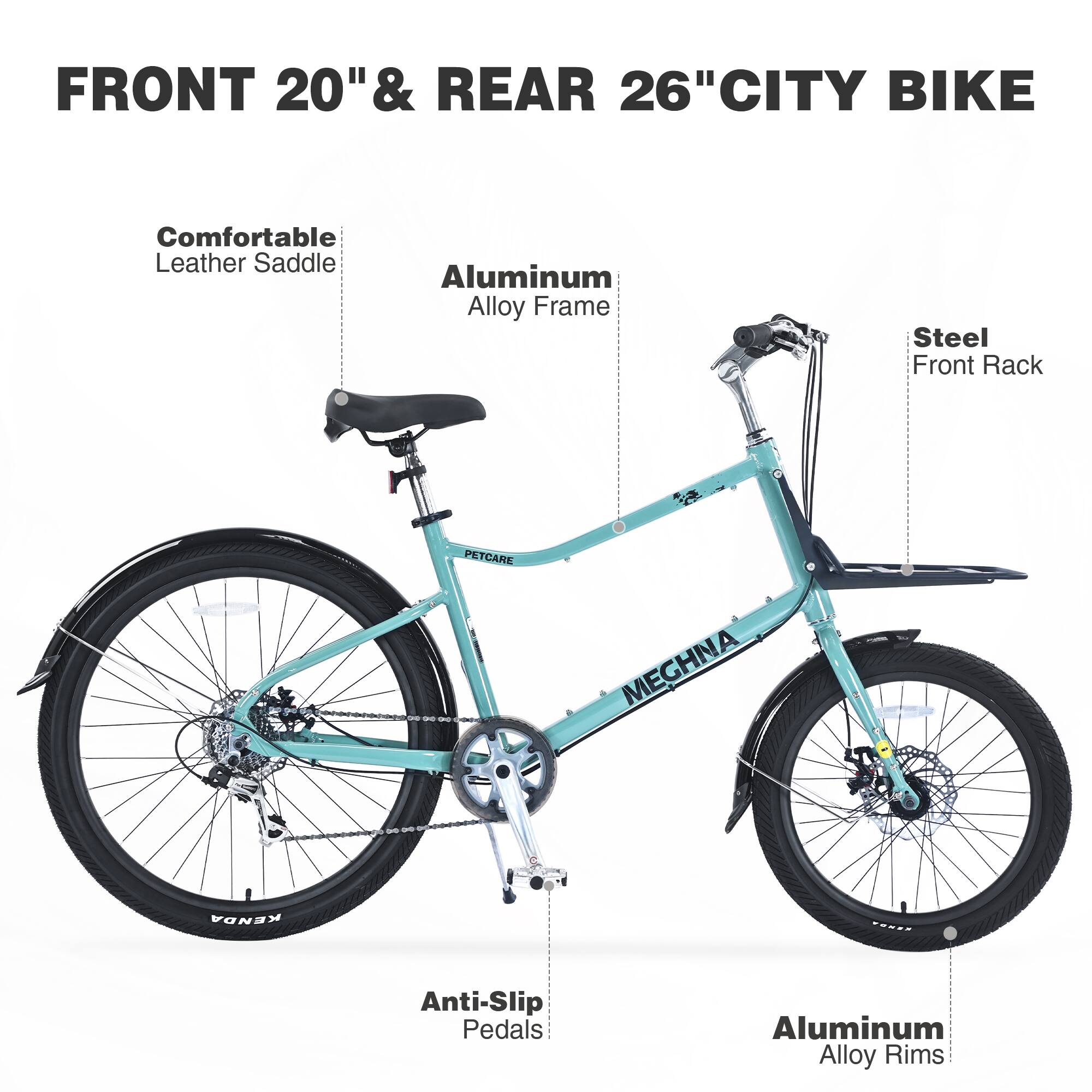 FRONT 20" & REAR 26" CITY BIKE

- Comfortable Leather Saddle
- Aluminum Alloy Frame
- Steel Front Rack
- Anti-Slip Pedals
- Aluminum Alloy Rims