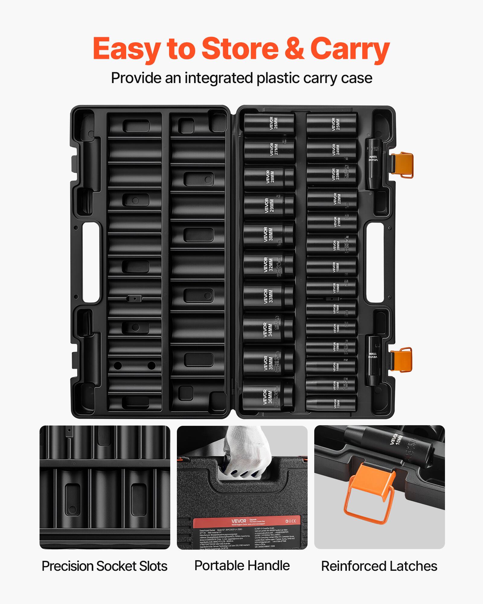Easy to Store & Carry  
Provide an integrated plastic carry case  

Precision Socket Slots  
Portable Handle  
Reinforced Latches