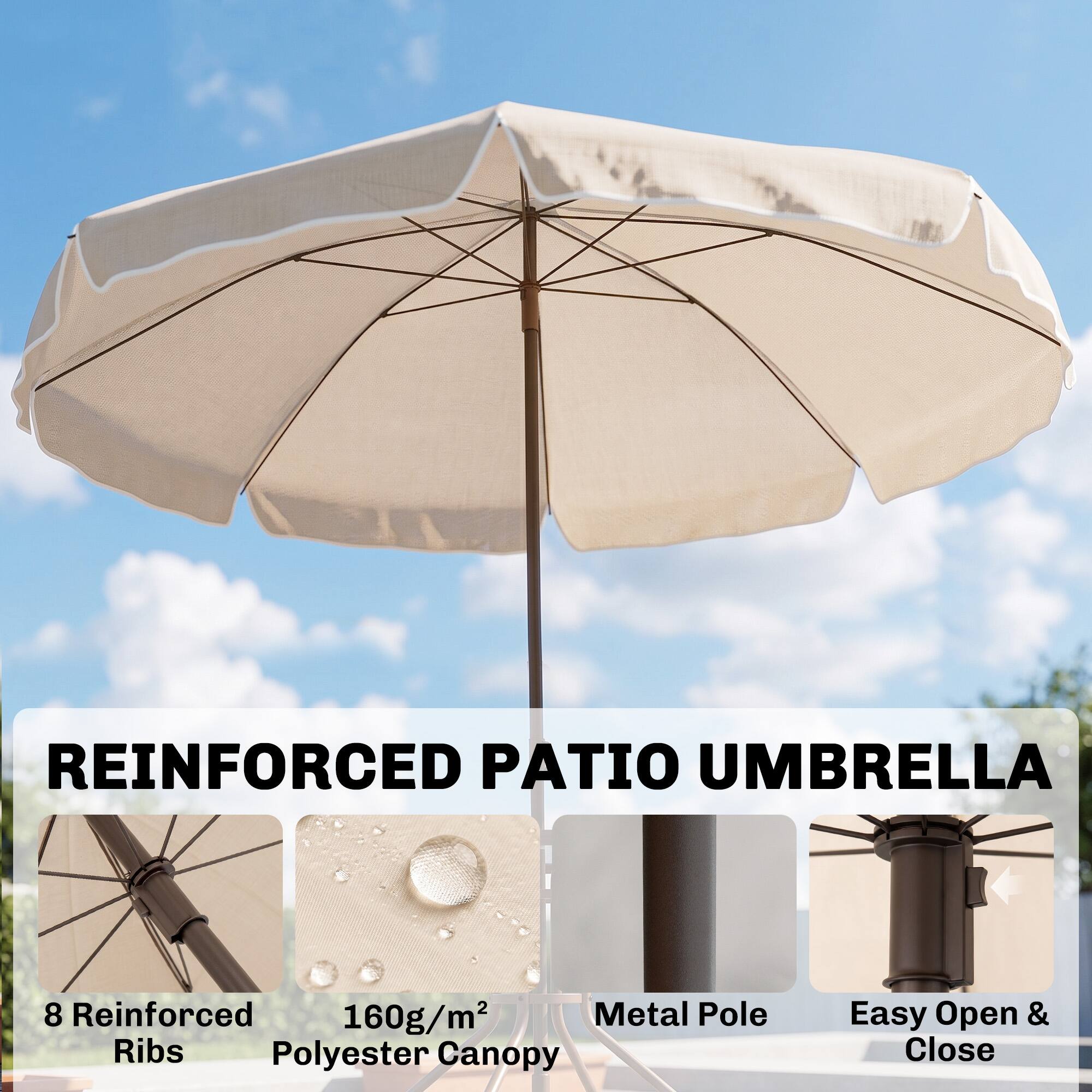 REINFORCED PATIO UMBRELLA

8 Reinforced Ribs
160g/m² Polyester Canopy
Metal Pole
Easy Open & Close