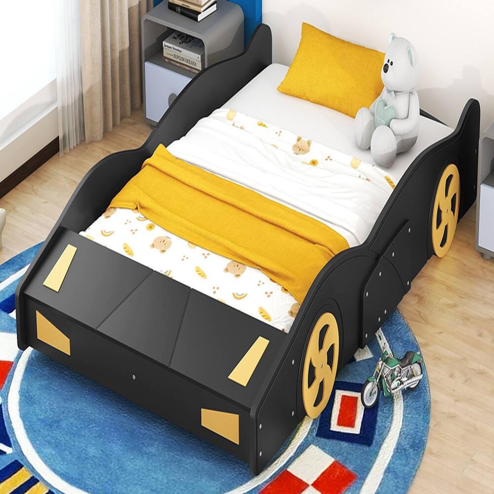 Alt View 2. Loheer - Loheer Full Size Race Car Bed with Storage, Black Yellow Car Shaped Platform Bed - Black+Yellow.