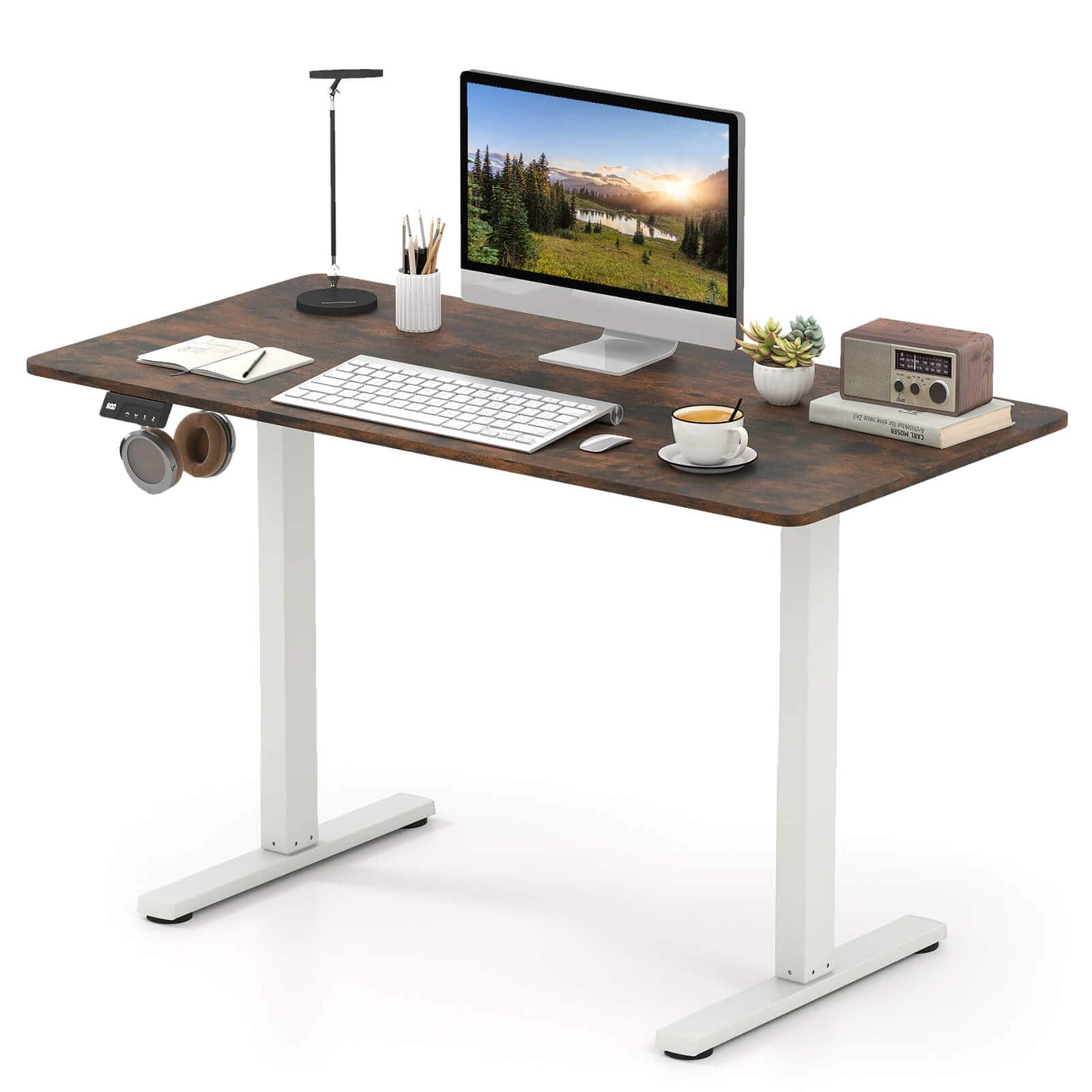 Costway - 48" x 24" Electric Standing Desk with LED Display 2 Memory Height Settings for Home - Rustic Brown+White