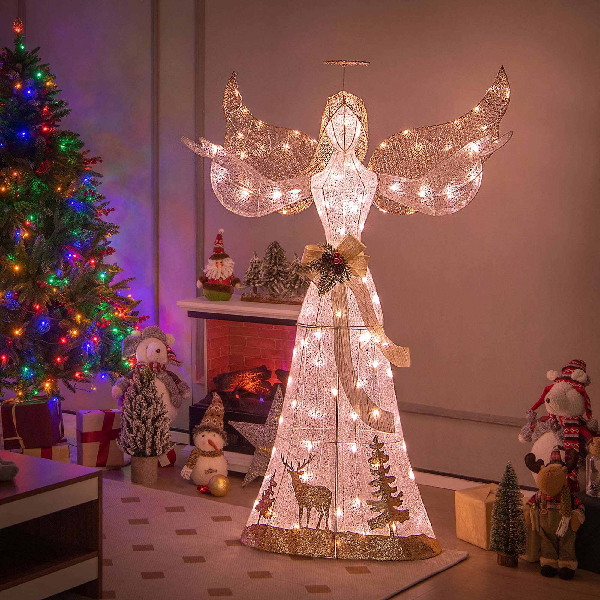 Alt View 12. Costway - 5 FT Pre-Lit Christmas Angel 3D Glittered Decoration with Halo Bow & 100 Lights - Gold/White.