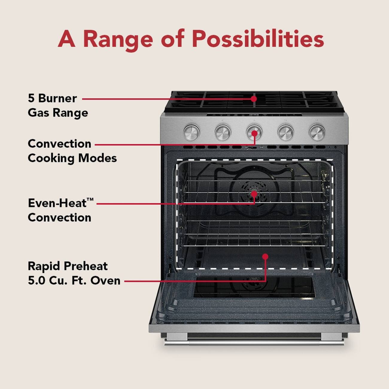 A Range of Possibilities

5 Burner Gas Range

Convection Cooking Modes

Even-Heat™ Convection

Rapid Preheat 5.0 Cu. Ft. Oven