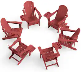 SERWALL - Folding Adirondack Chair Set of 6, All Weather Patio Chairs with 4 in 1 Cup Holder, Coffee - Red