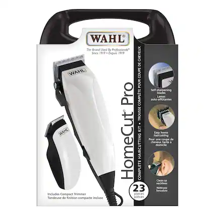 WAHL
The Brand Used By Professionals®
Since 1919 Depuis 1919
HomeCut Pro
COMPLETE HAIRCUTTING KIT
Self-sharpening blades
Lames auto-affutantes
Easy home haircutting
Pour une coupe de cheveux facile à domicile
Clean up necklines
Nettoyez l'encolure
Includes Compact Trimmer
Tondeuse de finition compacte incluse
23 pieces