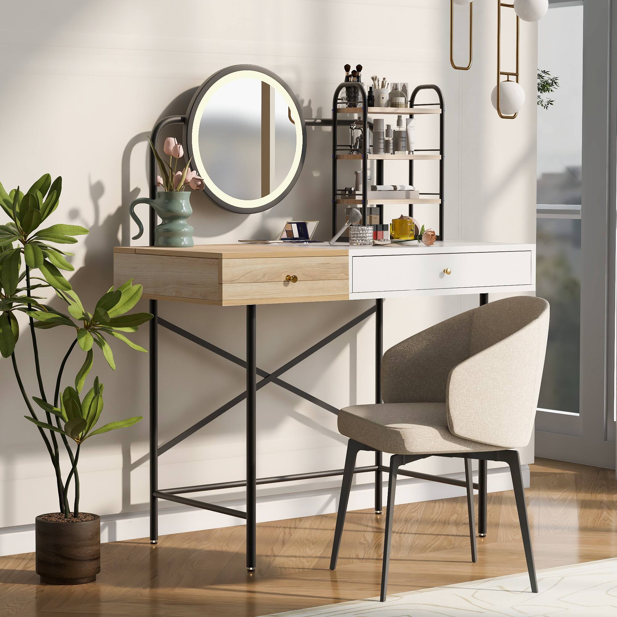 Alt View 1. Ecooso - Makeup Vanity Desk with Lighted Mirror, Wireless Charging Station, Drawer and Open Shelves, Vanity Table for Bedroom - White.