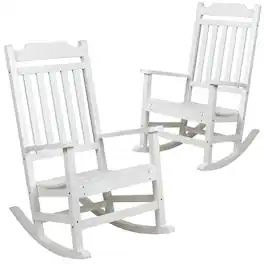 Emma + Oliver - Set of 2 All-Weather Poly Resin Faux Wood Rocking Chairs for Porch &Patio - White