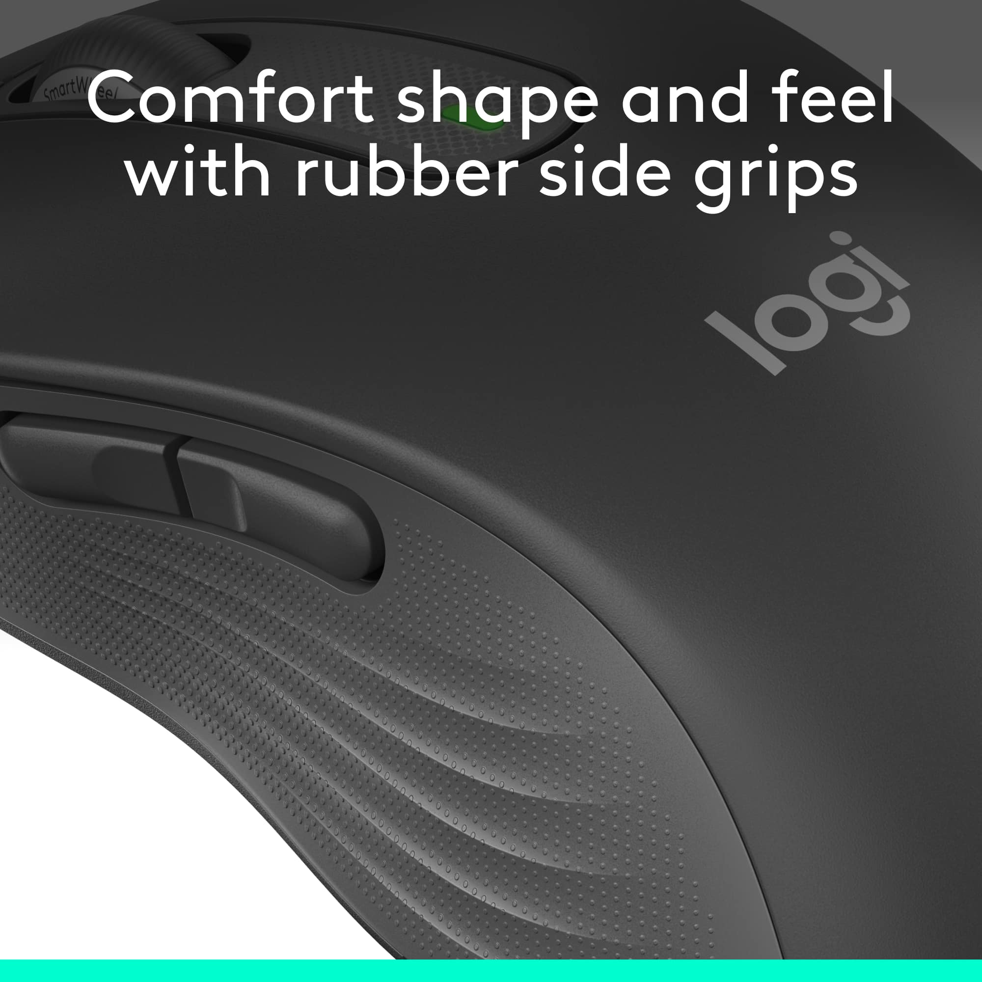 The text on the image reads: "Comfort shape and feel with rubber side grips logitech."