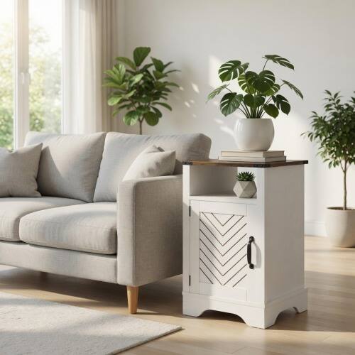 Angle. LUCKY ONE - 16" Assembled Farmhouse Nightstand with Charging Station USB - White + Light Oak.