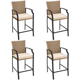Costway - 4PCS Patio Rattan Bar Stool Chairs Cushioned Seat Footrest & Armrest - Brown,Beige,Black