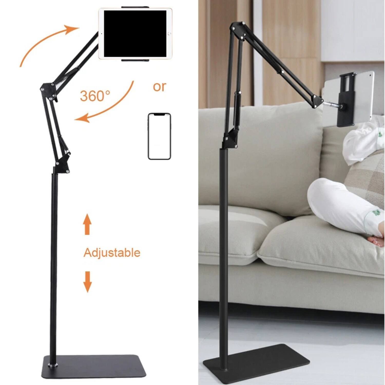 The text on the image can be grouped and corrected as follows:

- "360° or Adjustable"

This indicates that the stand is both 360-degree rotatable and adjustable in height.
