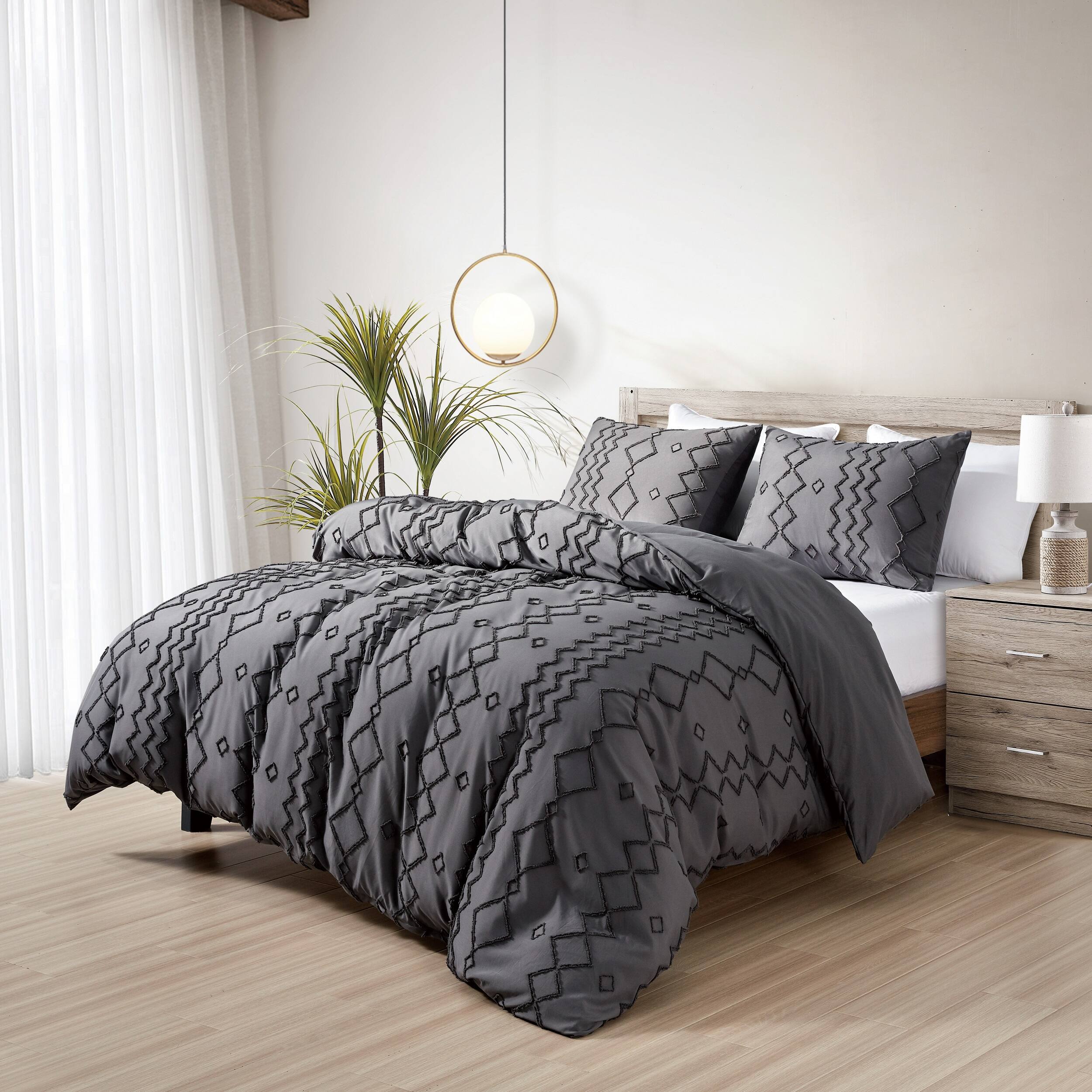 Front. Bibb Home - Bibb Home 2000 Count Tufted Duvet Cover (3-Piece) - Grey.