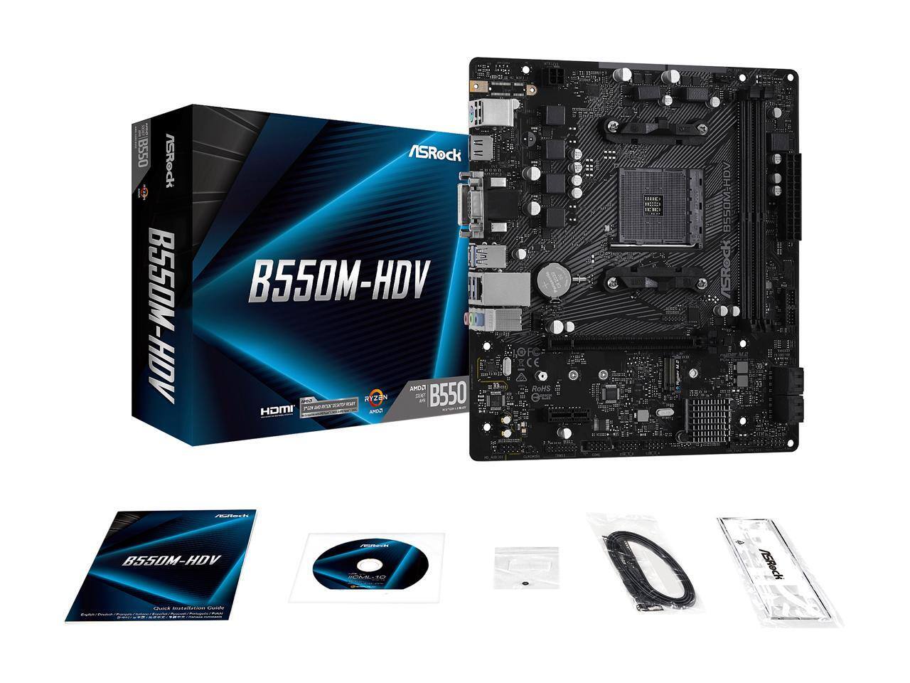 B550 ASRock B550M-HDV  
AMD Ryzen AM4  
HDMI  
PCIe 4.0  
DDR4  
M.2  
SATA  
USB 3.2 Gen 1  
USB 2.0  
HDMI 2.0  
DisplayPort 1.4  
ASRock