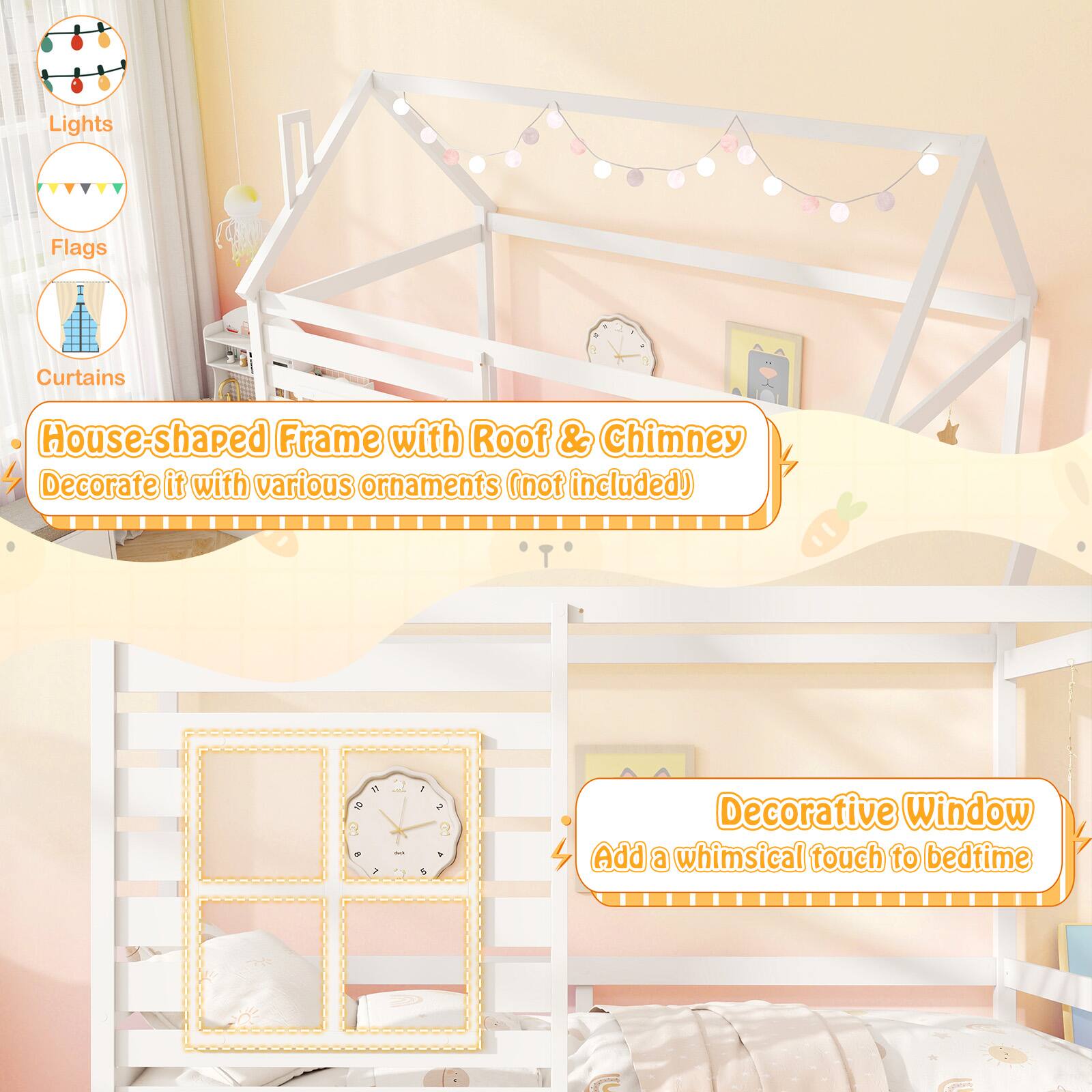 Lights, Flags, Curtains, House-shaped Frame with Roof & Chimney, Decorative Window