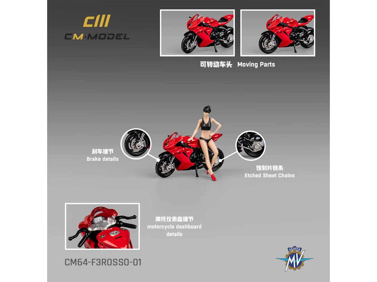 CM-MODEL  
CM64-F3ROSSO-01  

Moving Parts  
可转动车头  

Brake details  
刹车细节  

Etched Sheet Chains  
蚀刻片链条  

motorcycle dashboard details  
摩托仪表盘细节  

AGUSTA MV