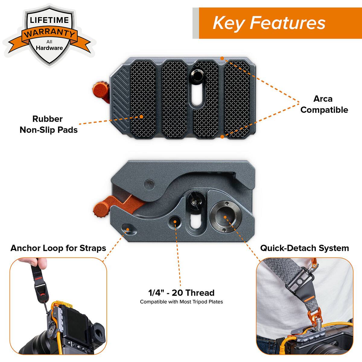 LIFETIME WARRANTY All Hardware

Key Features
- Rubber Non-Slip Pads
- Arca Compatible
- Anchor Loop for Straps
- Quick-Detach System
- 1/4" - 20 Thread Compatible with Most Tripod Plates