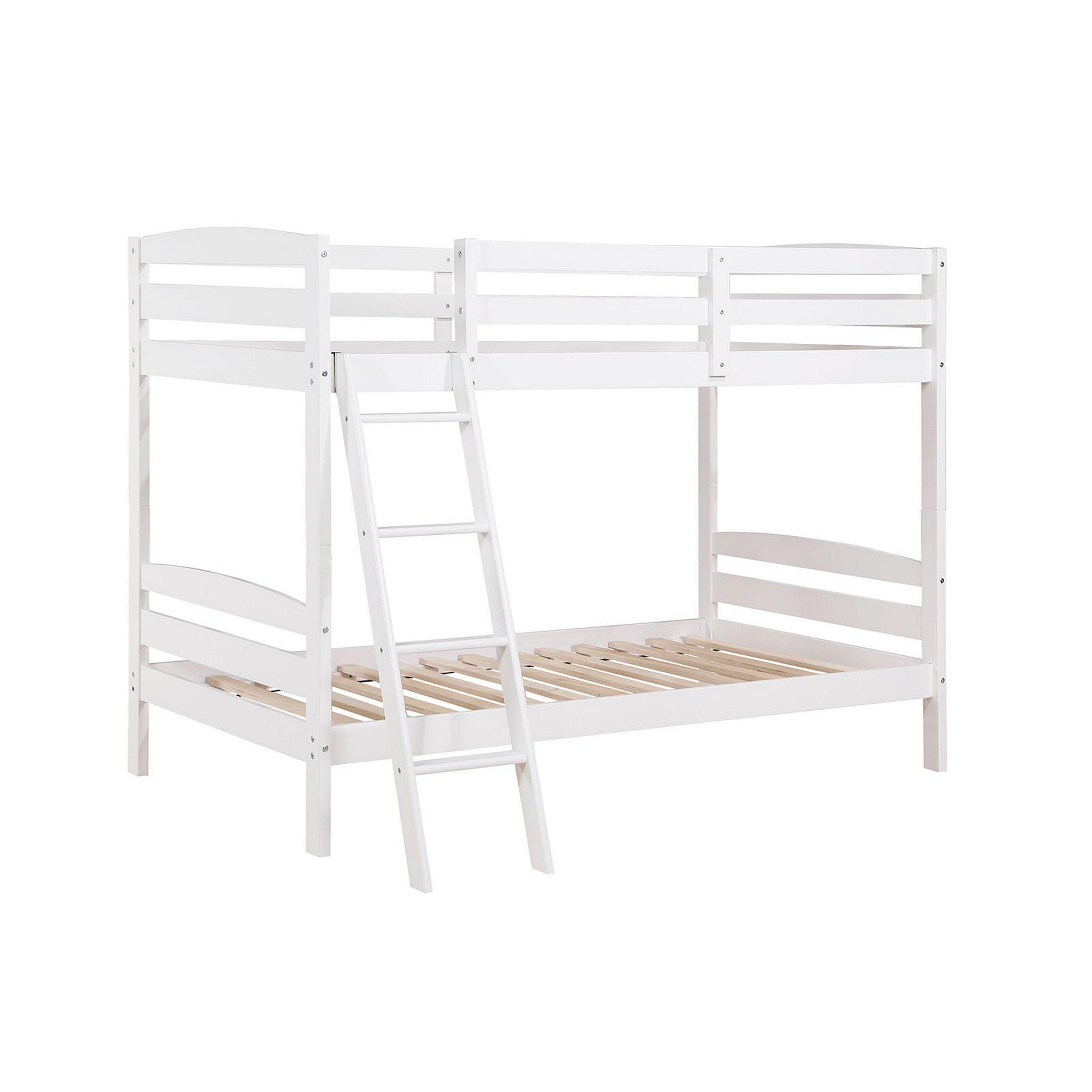 Manhattan Lane - Hina Twin Bunk Bed, Angled Ladder, Sturdy Slat Design, White Solid Wood - White