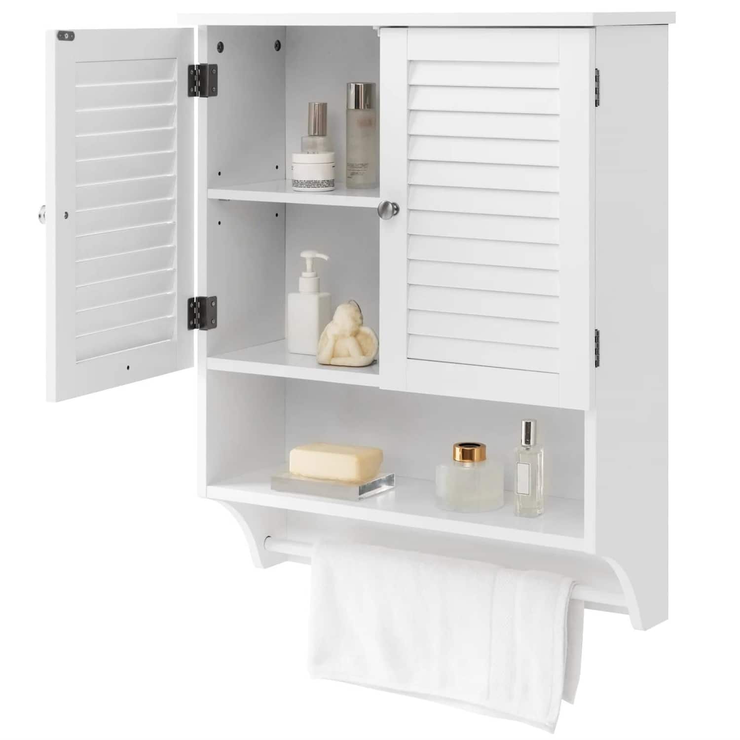SlickBlue - Bathroom Medicine Cabinet with Towel Bar and Louvered Doors, Wall-Mount Design - White