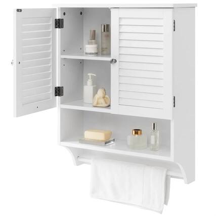 Front. SlickBlue - Bathroom Medicine Cabinet with Towel Bar and Louvered Doors, Wall-Mount Design - White.