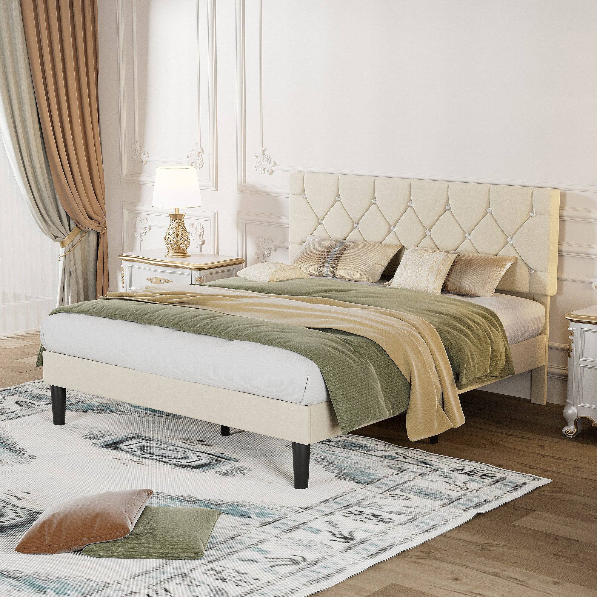 Angle. Vecelo - Queen Bed Frame with Upholstered Headboard, Heavy Duty Wooden Bed Slats - Noiseless Platform Bed, No Box Spring Required - Beige.