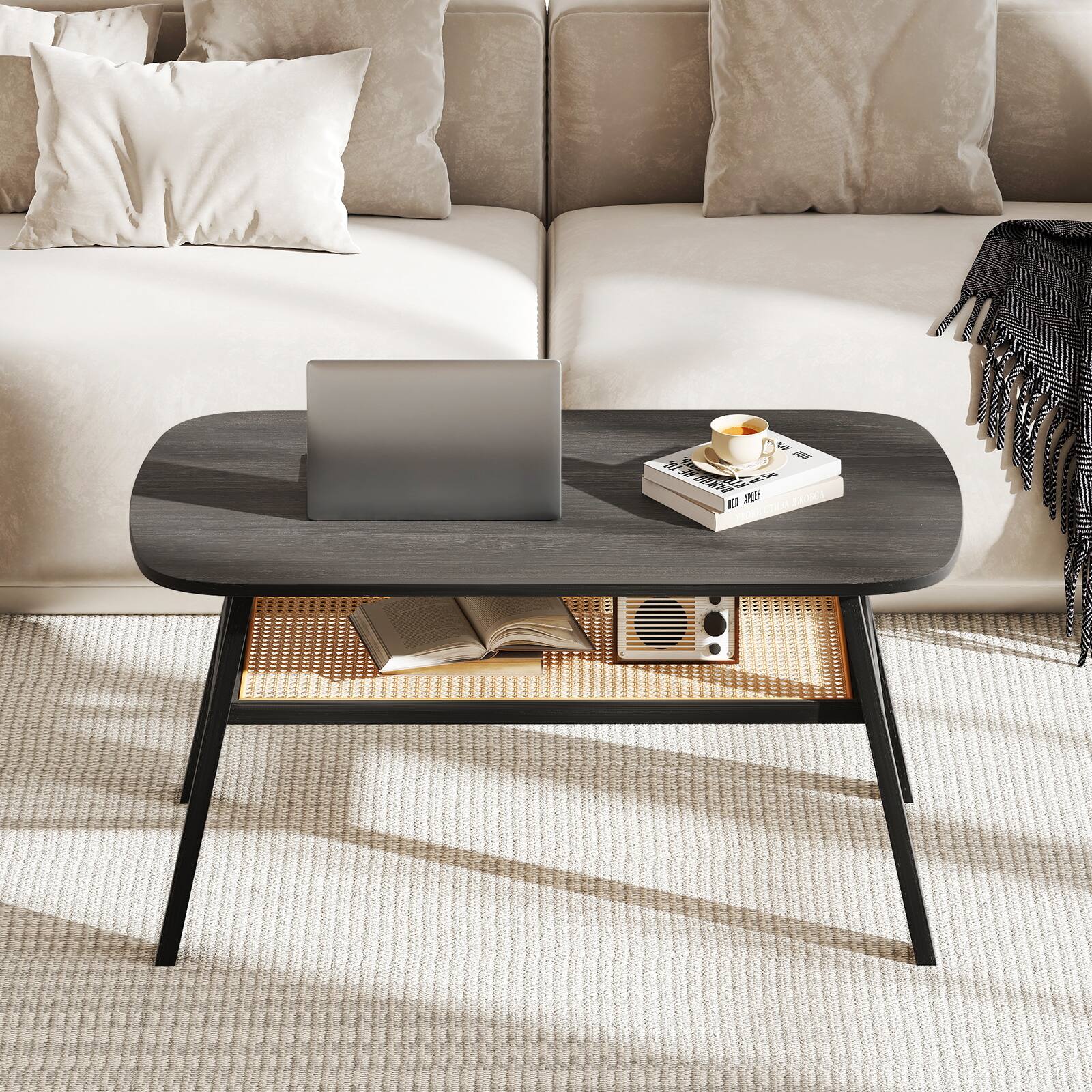 Alt View 7. Gymax - Gymax 2-Tier Coffee Table w/ Rattan Storage Shelf & Rubber Wood Legs for Living Room - Dark Gray, Natural.