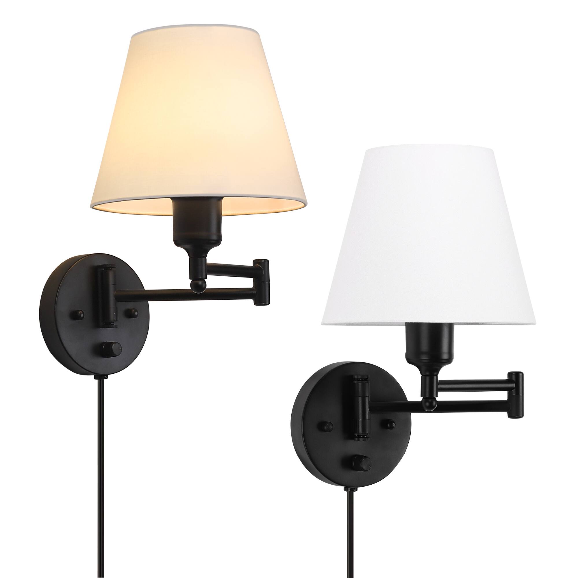 Oumilen - Plug in Swing Arm Wall Sconce with Dimmer – 2 Pack Black Metal & Linen Shade Wall Lamp