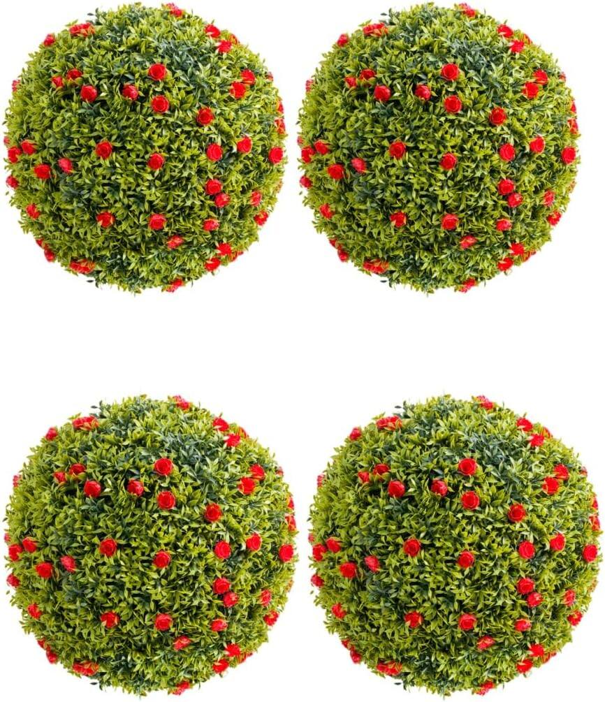 Front. Homhougo - 12.6 in Artificial Plant Topiary Ball Set of 4, Decorative Artificial Boxwood Balls with Red Flowers, Indoor Outdoor - Red.