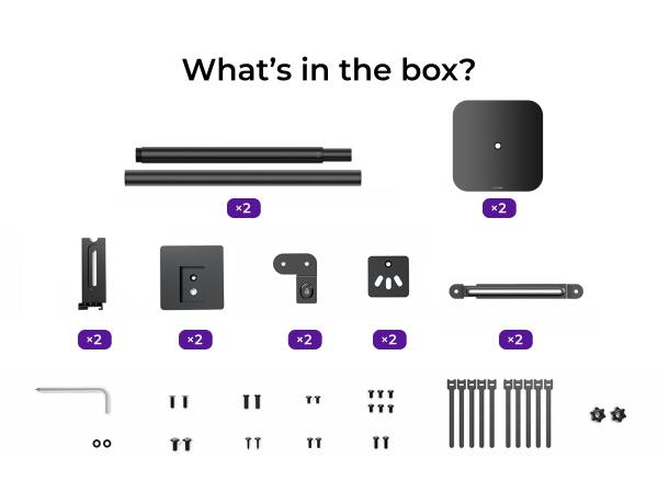 What's in the box?
- 2 black rods
- 2 black square plates
- 2 black rectangular components
- 2 black T-shaped components
- 2 black rectangular components with holes
- 2 black L-shaped components
- 2 small black screws
- 2 small black screws
- 2 small black screws
- 2 small black screws
- 2 small black screws
- 2 small black screws
- 2 small black screws
- 2 small black screws
- 2 small black screws
- 2 small black screws