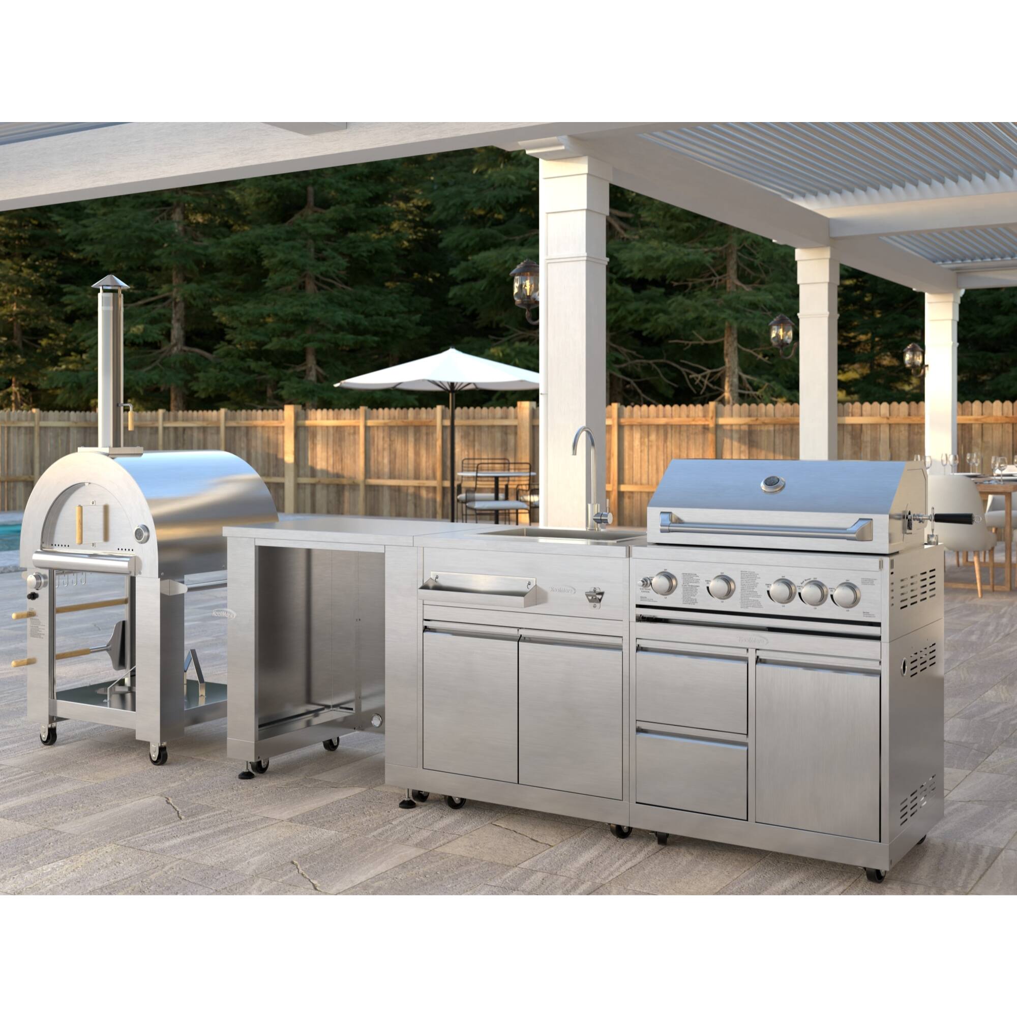 Angle. Koolmore - Outdoor Modular Kitchen with a Dual Fuel Pizza Oven, Refrigerator and Cabinet, Sink, 30 in. BBQ Grill And Grill Cabinet - Stainless Steel.
