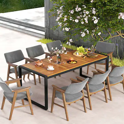 8 person patio table with umbrella VIVIJASON Outdoor 61" Dining for 6-8 Person, Large Patio Round Dining Table Lazy Susan, Dark Bronze Cast Aluminum Rustic Patio Table with 2" Hole for Balcony, Porch and corrosion Summit Living 9-Piece Acacia Wood
