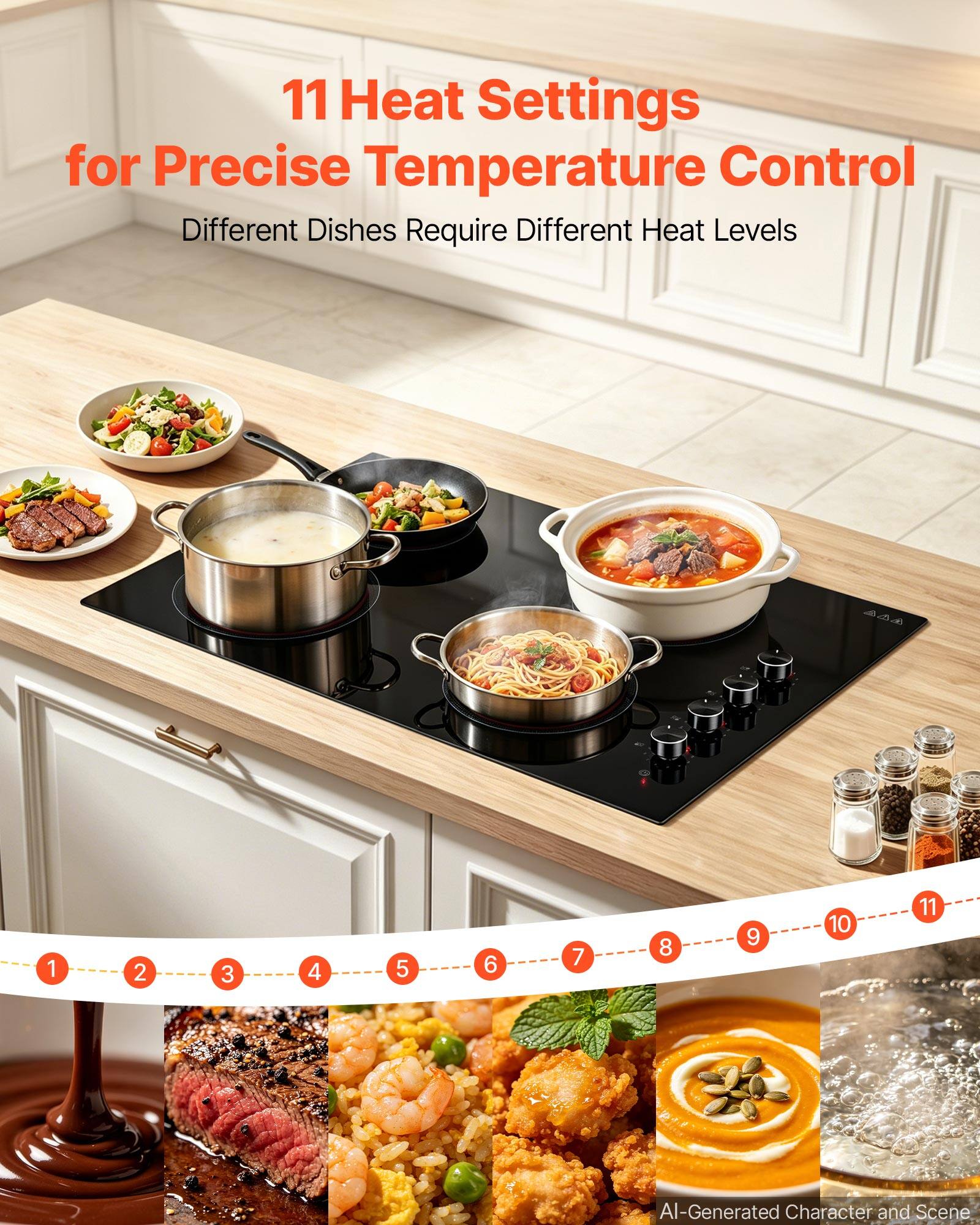11 Heat Settings for Precise Temperature Control  
Different Dishes Require Different Heat Levels

1
2
3
4
5
6
7
8
9
10
11

AI-Generated Character and Scene