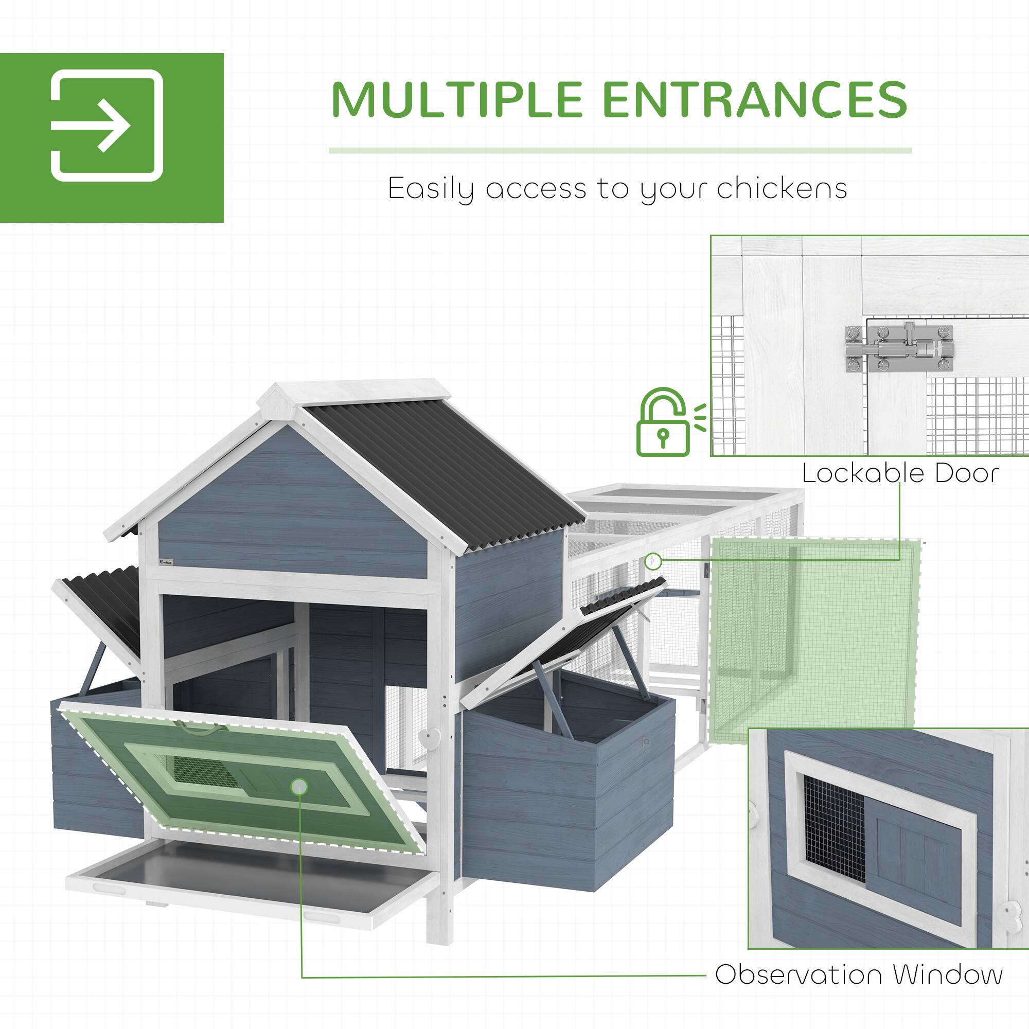 MULTIPLE ENTRANCES  
Easily access to your chickens

- Lockable Door
- Observation Window