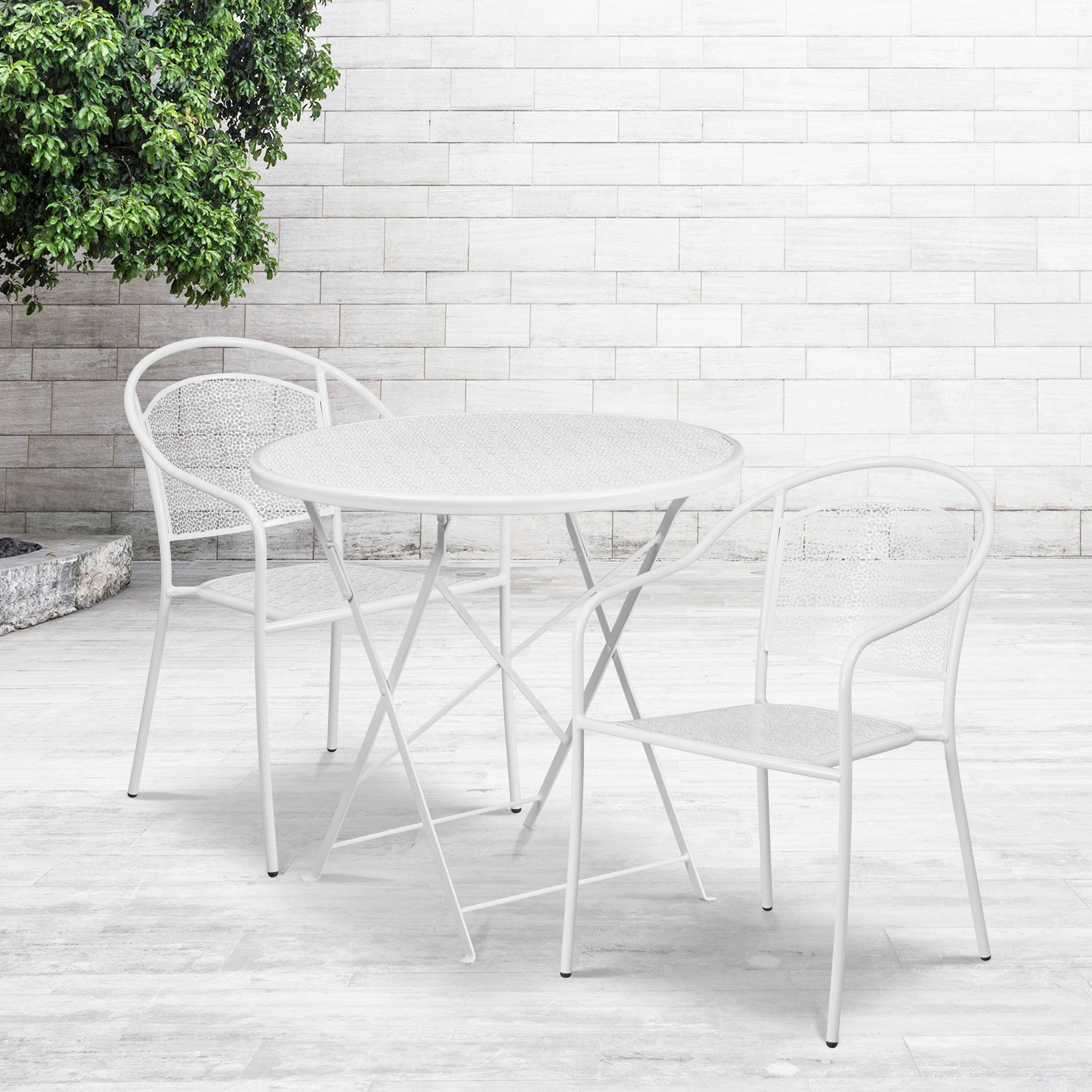 Alt View 1. Emma + Oliver - Commercial Grade 30" Round Metal Folding Patio Table Set w/ 2 Round Back Chairs - White.