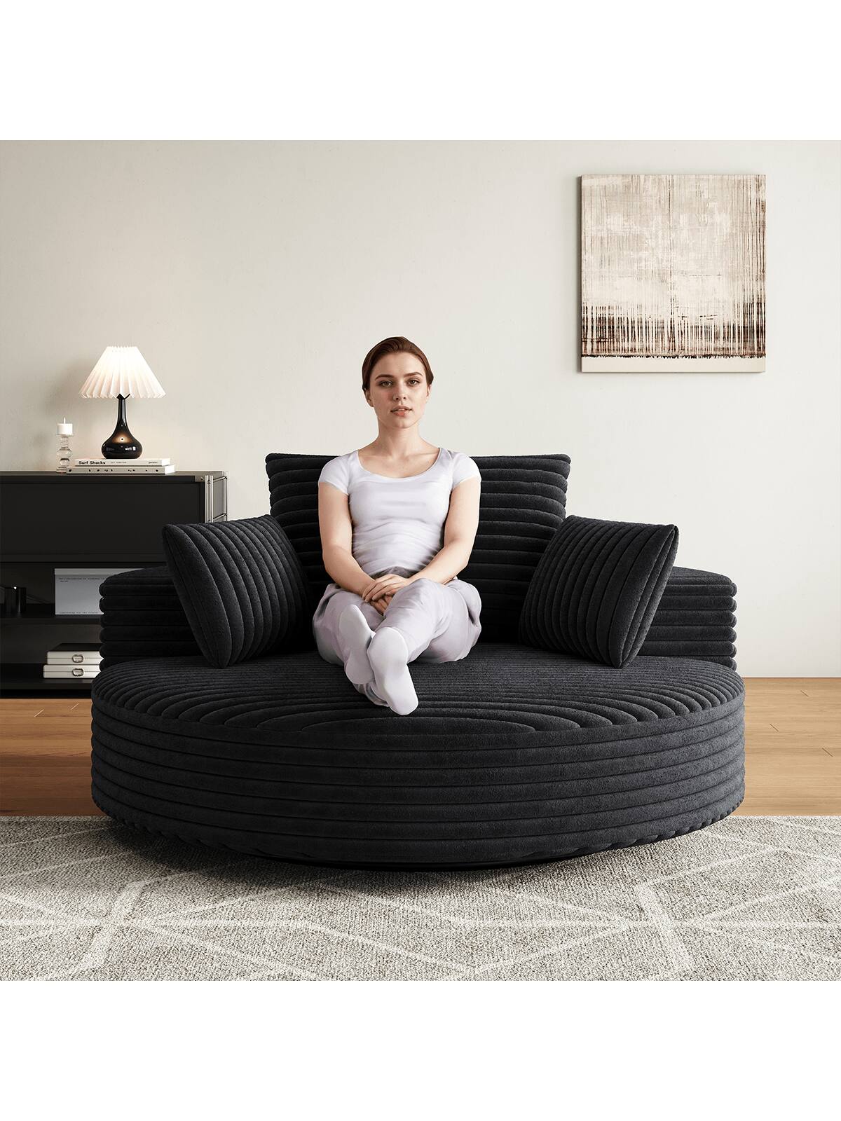 Back. Trinkets Crazed - 55" L Oversized Swivel Chair, Upholstered Corduroy Comfy Accent Chaise Lounge Sofa Chair - Black.