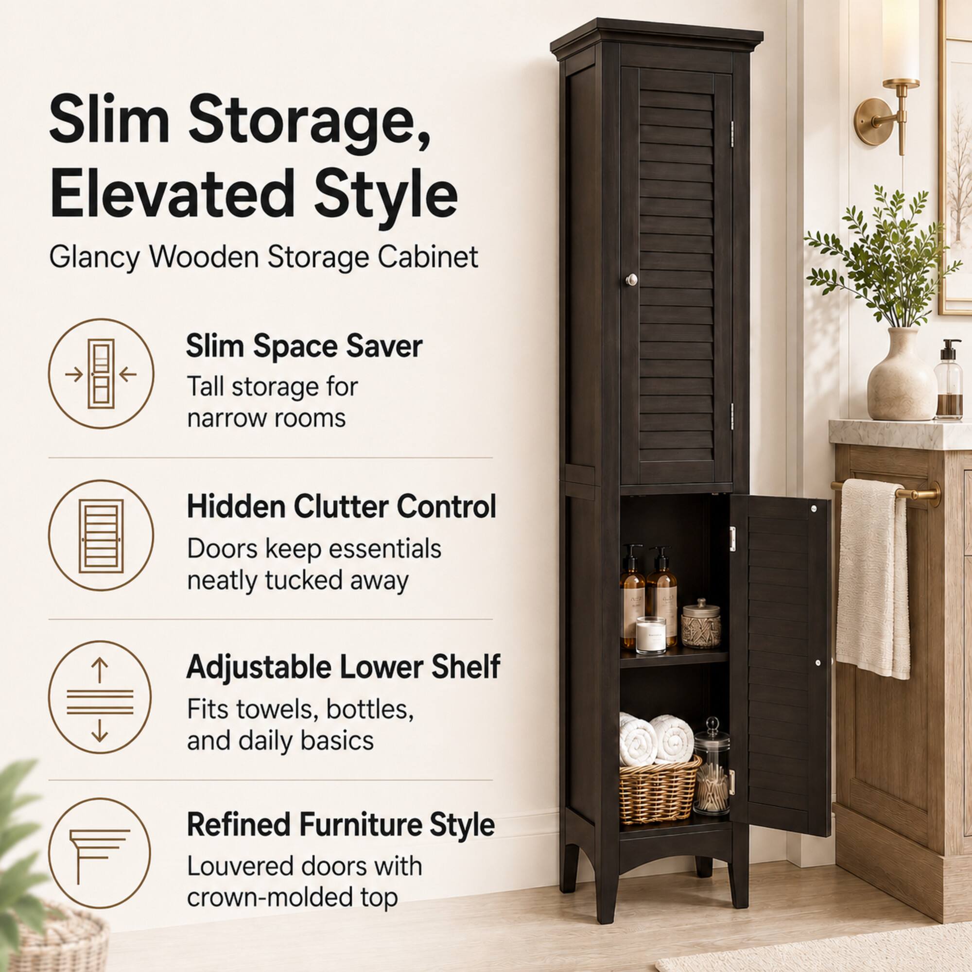 Slim Storage, Elevated Style  
Glancy Wooden Storage Cabinet

Slim Space Saver  
Tall storage for narrow rooms

Hidden Clutter Control  
Doors keep essentials neatly tucked away

Adjustable Lower Shelf  
Fits towels, bottles, and daily basics

Refined Furniture Style  
Louvered doors with crown-molded top