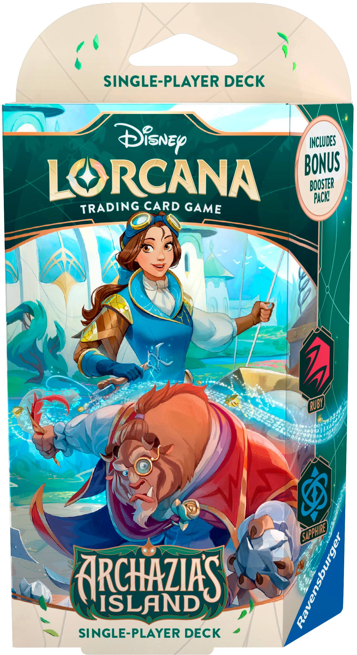 The image features a single-player deck of the trading card game Lorcana, which includes a bonus Lorcana booster pack. The game is set in the world of Archazias Island, and the deck is designed by Rubies. The packaging also includes a Sapphire booster pack.